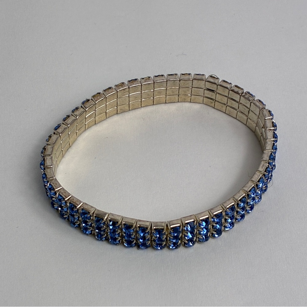 Blue Rhinestone Bracelet Three Row Expansion Band 7 Inch Stretchy - Picture 7 of 10